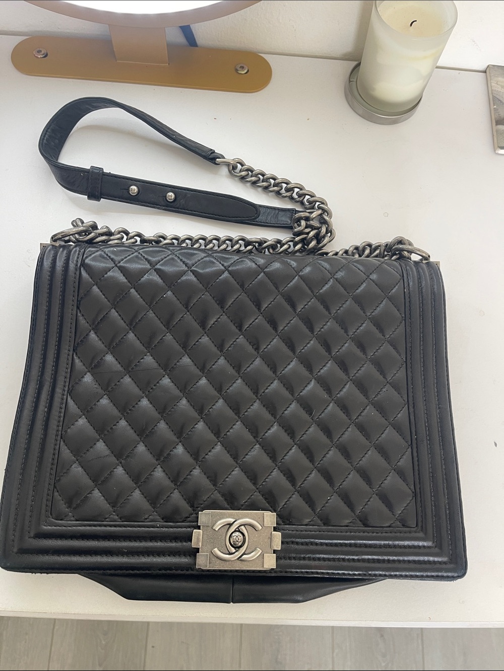 CHANEL Black Quilted Boy Shoulder Bag with Silver Hardware